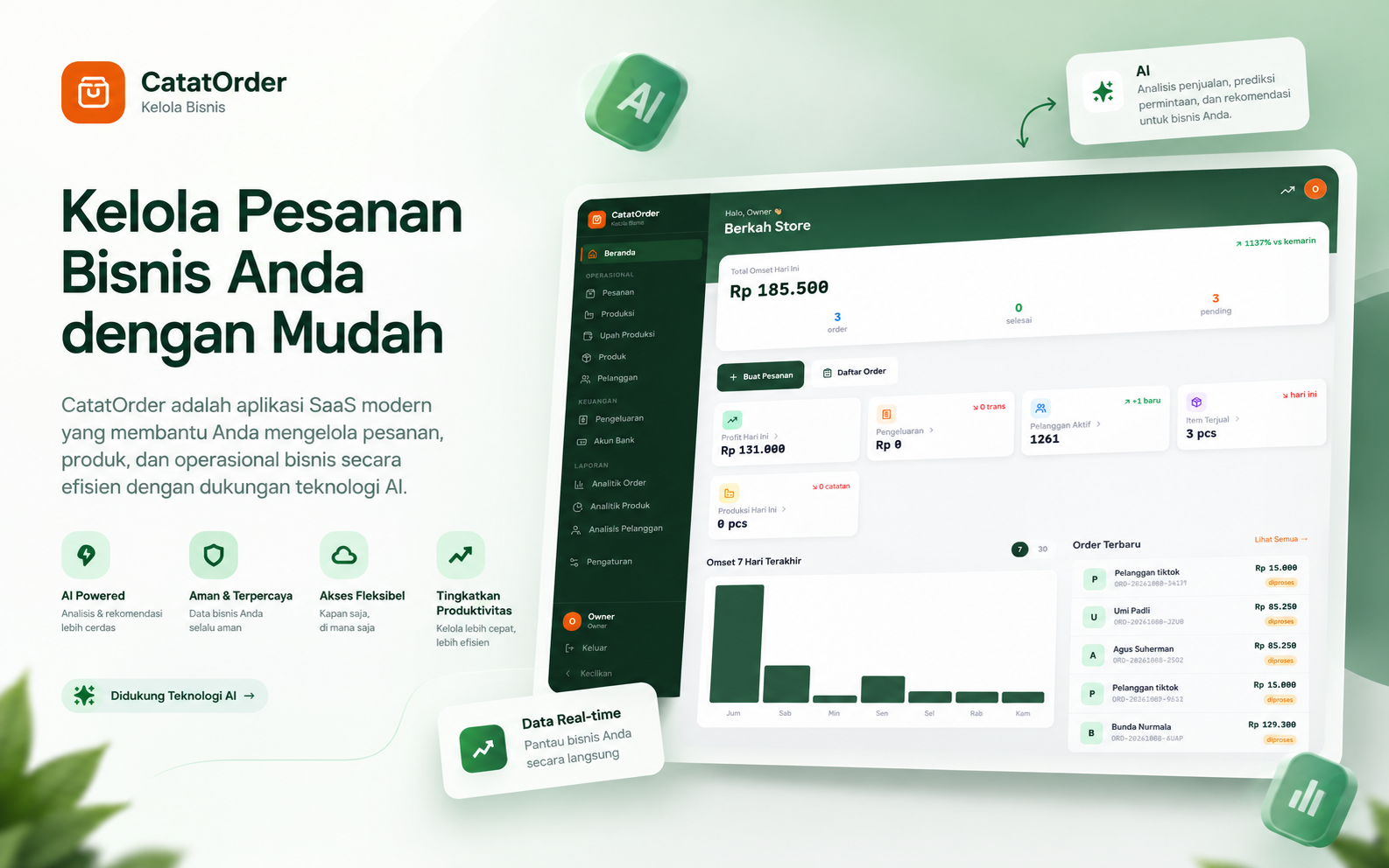 Tangkapan layar SaaS AI Catat Order Online